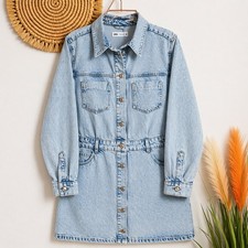 ZARA NEW Stonewash Denim Button Front Mini Blue Jean Shirt Dress SZ XL Western