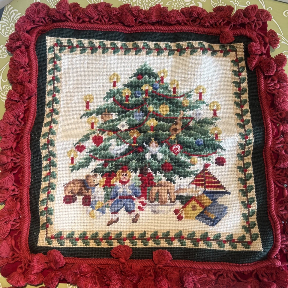 3-18” Square Christmas Tree Embroidered Pillow Covers Only Zip Velvety Back Set - Image 4 of 4