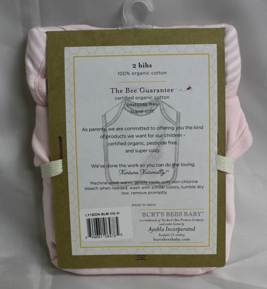 Burts Bees 婴儿围兜 2 件装纯色粉色条纹粉色白色有机棉 — 第 2/4 张图片