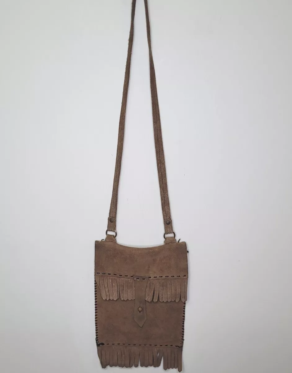 Brown Suede Fringe Brushed Gold Small Shoulder Boho Festival BAG