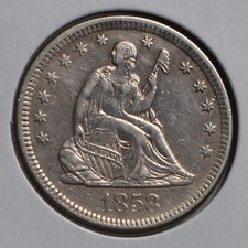 1858-O 25C Quartier de la Liberté assis - Détails AU - Marques de nettoyage - Photos de pièces réelles