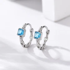 Retro 925 Silver Plated Chain Patterned Blue CZ Huggie Hoop Earrings 12mm I108