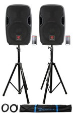 2 Rockville BPA8 8" Pro Powered 300w DJ PA Speakers Bluetooth Stands Cables Bag