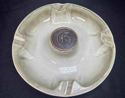VTG Roseville The Hyde Park #1900 ceramic ashtray Green Brown Cream Glaze 8.75 