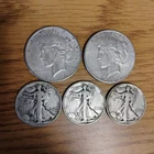 Lot (2) 1926 Peace Silver Dollars (3) Walking Liberty Half Dollars 90% $3.50