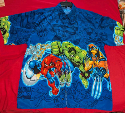 Vtg Y2K Marvel Comics All Over Print Superheroes Button-Up Shirt 2001 ...