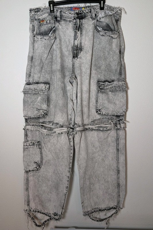 Men's Empyre 40 Relax Loose Skate Baggy Jeans Y2K Scramble Grey Distressed Acid