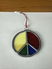 Beautiful Vintage Stained Glass Peace Sign Suncatcher Handmade 3" In Diameter