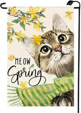 Spring Pink Meow Cat Garden Flag 12x18 Inch Double Sided Outside Floral green