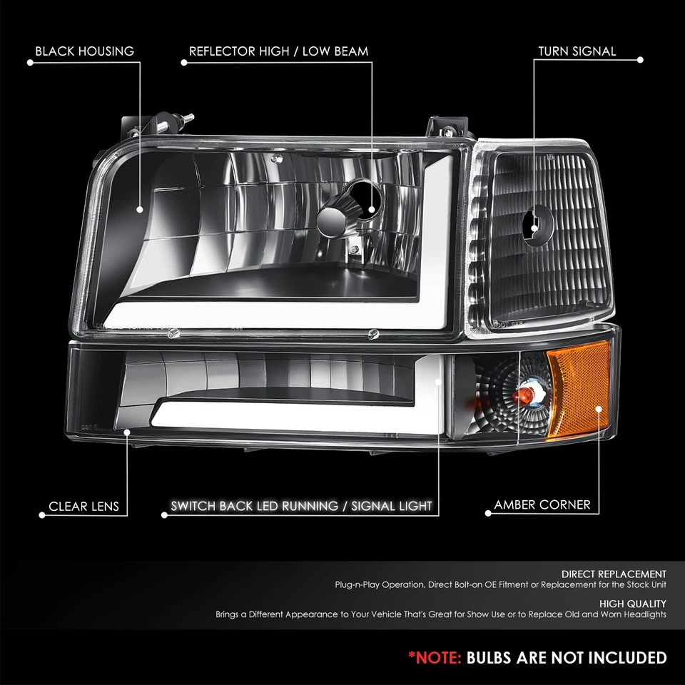 [Switchback L-LED DRL] Para 92-96 Ford F150-F350 Bronco Faros Negro/Ámbar Foto 2 de 4