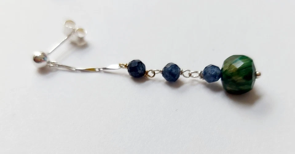 Orecchini in argento 925 pietre occhio di tigre e zaffiro idea regalo per Natale - Immagine 3 di 4