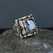 925 Men Silver Mystic Topaz Ring, Turkish Handmade Colorful Topaz Ring