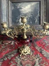 Stunning Ornate Mid Century Porcelain Brass 3 Arm Candelabra/CandlestickHolder