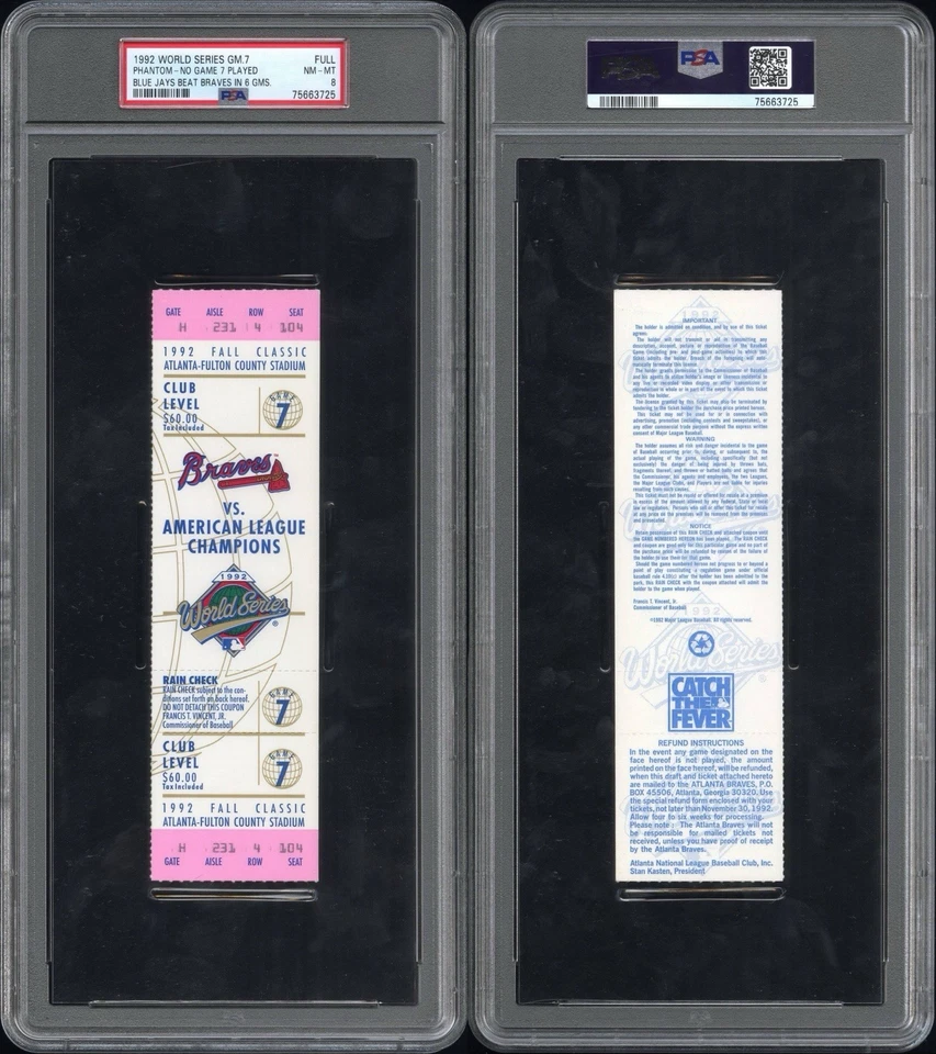 1992 World Series Game 7 Phantom Full Ticket Toronto Blue Jays PSA 8 POP 1 - Image 3 of 4