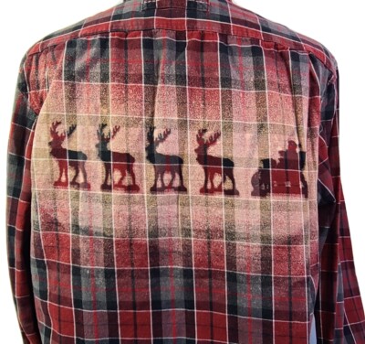 Santa Sleigh Reindeer Flannel Shirt Mens XL Upcycled Art To Wear Bleach OOAK 