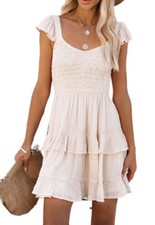 Womens Elastic Waist A-line Layered Swing Flowy Mini Dress