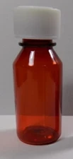 100 Medicine Amber Plastic Graduated Ovals Bottles/Caps 1 OZ Pharmacy Grade