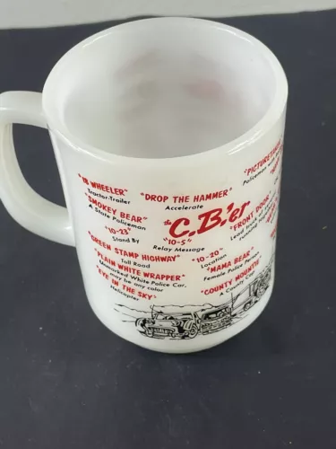 Vintage Anchor Hocking Fire King Milk Glass Mug CB'er Print 8 oz