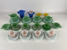 Vintage AKRO Agate Glass Child's Dish Set 38PC Jadite,Pink,Blue,Yellow Mixed Lot