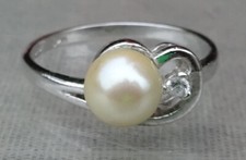 Dainty Vintage Sterling Silver Ring with Freshwater Pearl  CZ Accent Size 6.5