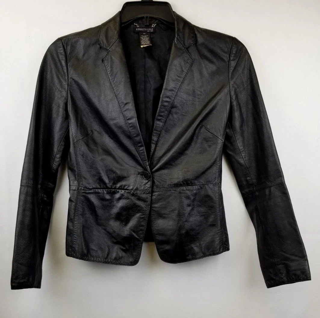 Kenneth Cole New York Jacket Black Leather Collared Button Pockets Lined Size XS
