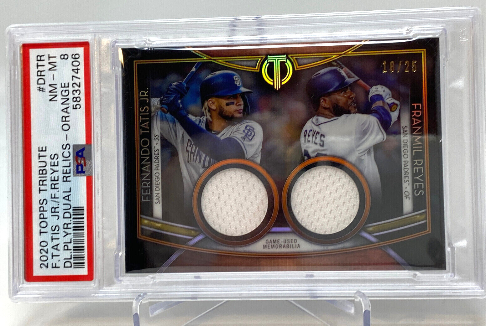 2020 Topps Tribute Dual Relic ORANGE Serial #18/25  Fernando Tatis Jr. PSA 8 view 4