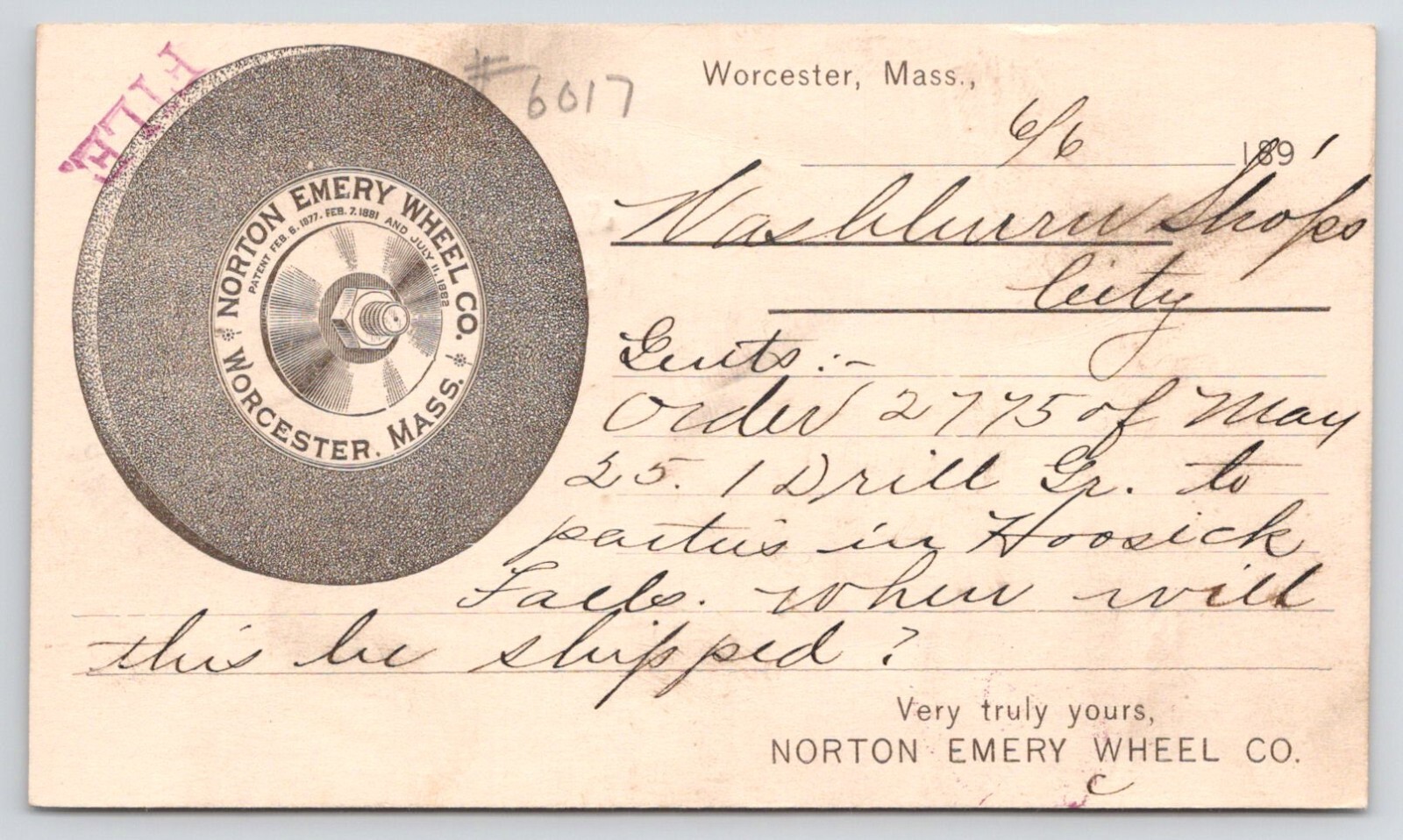 1891 Norton Emery Wheel Co Worcester MA Advertising Postcard