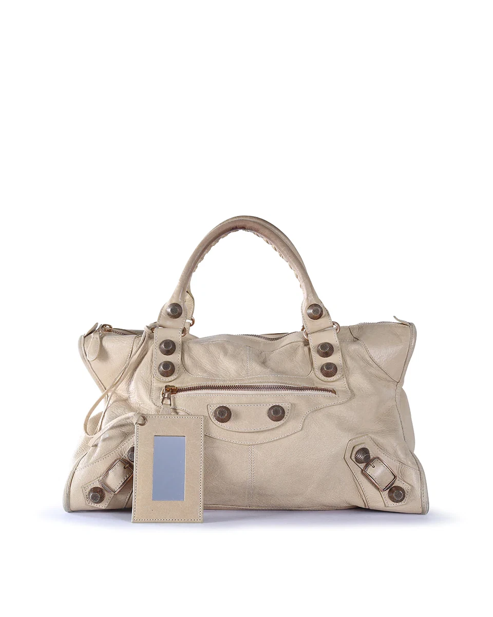 BALENCIAGA Beige Leather Studded Large City Bag