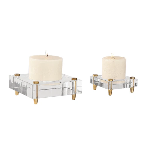 Luxe Minimalist Crystal Block Candle Holder Set 2 | Simple Square Gold Pillar - Picture 4 of 4