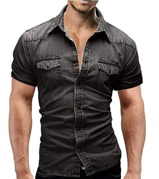 New Mens Denim Shirts Short Sleeves Luxury Slim Washed Cotton Casual Shirts Tops - Image 2 of 4