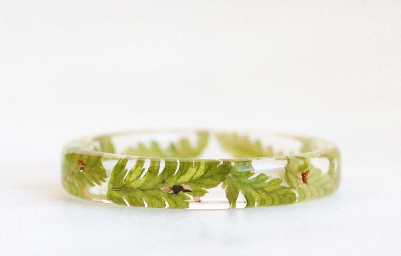 Thin Resin Ring with Pressed Forest Fern Leaves and Gold Flakes, Nature Inspired