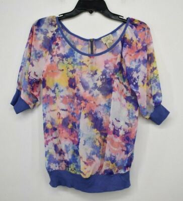 Eyelash Couture Womens Scoop Neck Back Zip Sheer Multi Colored Shirt Size S