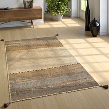 Wohnzimmer Natur Teppich m. Fransen, Handgewebter Muster Kelim, 100% Baumwolle
