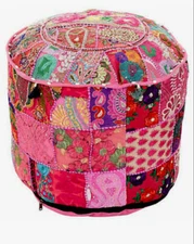 Indian Pink Patchwork Round Footstool Cotton Vintage Ottoman Pouf CoverHandmade
