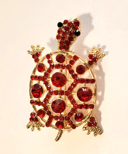 Red Rhinestone Turtle Brooch 2" Gold-Tone Pin Fashion Costume