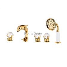 Gold Dolphin Five Piece Bathtub Faucet Crystal Split Type Shower Head Mixer Taps