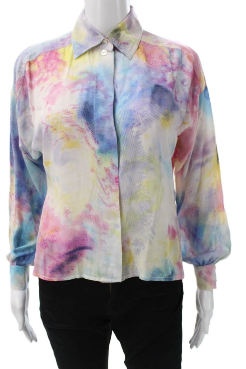 Escada Margaretha Ley Women Collared Silk Multicolor Long Sleeve Blouse Size 34Free Shipping in US $100+ Orders | $6.95 Orders Below