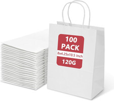 White Gift Bags 100Pcs 8 X 4.25 X 10.5 Inch Paper Bags with Handles, Bulk, Party