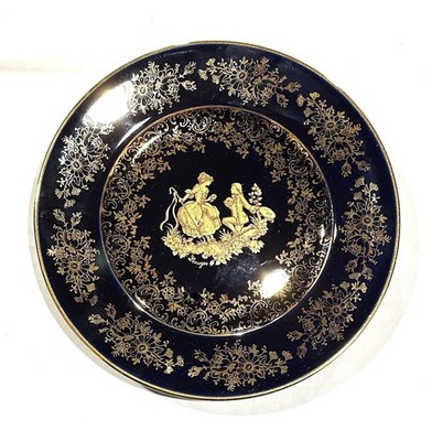 6.25” Limoges Castel France 22K Gold Cobalt Blue Plate Courting