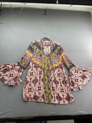Umgee Boho Blouse Womens Medium Multicolor Bell Sleeve Tunic Top Floral Print