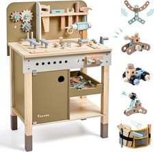 Kids Tool Set,Wooden Tools Bench W/ Apron Toddler Toy Workbench W/ Realistic