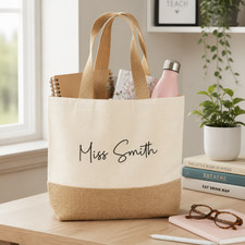 Personalised Teacher Tote Bag with Name - Cotton Canvas Jute Base Plain Gift