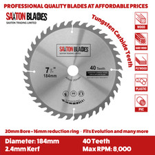 Image of Saxton TCT Circular Wood Saw Blade 184mm x 40T x 20mm Bore (16mm ring)