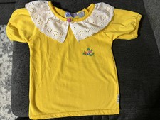 Vintage Girls Size 4 Jeanjer Shirt Top Bright Yellow Wide Eyelet Lace EUC