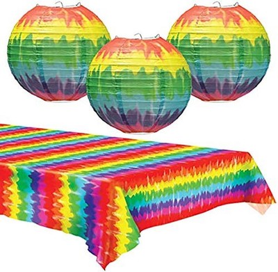 Tie Dye Paper Lanterns & Table Cover Set - Party Decorations for 60's or Hipp...