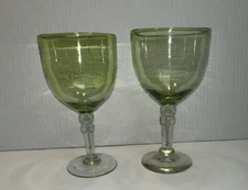 (2)Vintage Hand Blown Green Water Goblet Wine Glass Bubble Clear Stems