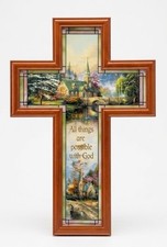 Vintage Thomas Kinkade Light of Faith Illuminated Wall Cross Stained Glass Wood
