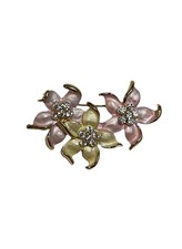 Vintage Pink Yellow Enamel Flower Brooch Rhinestone Gold Tone Floral Pin 2 Inch