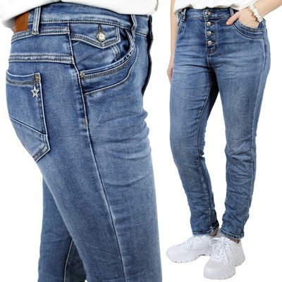 KAROSTAR   JEANS HOSE BOYFRIEND BAGGY STRETCH STRASS-BLUME KNOPF 38 - 48