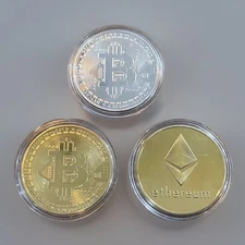 *Lot of 3* Bitcoin & Ethereum Souvenir Coins Gold Silver Plated Golf Ball Marker
